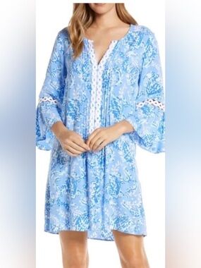 Lilly Pulitzer Sky Blue Printed Tunic with Lace Trim Hollie XL